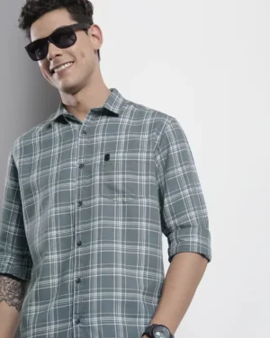 Grey & White Tartan Check Slim Fit Casual Shirt – Laid-Back Cool with a Sharp Edge