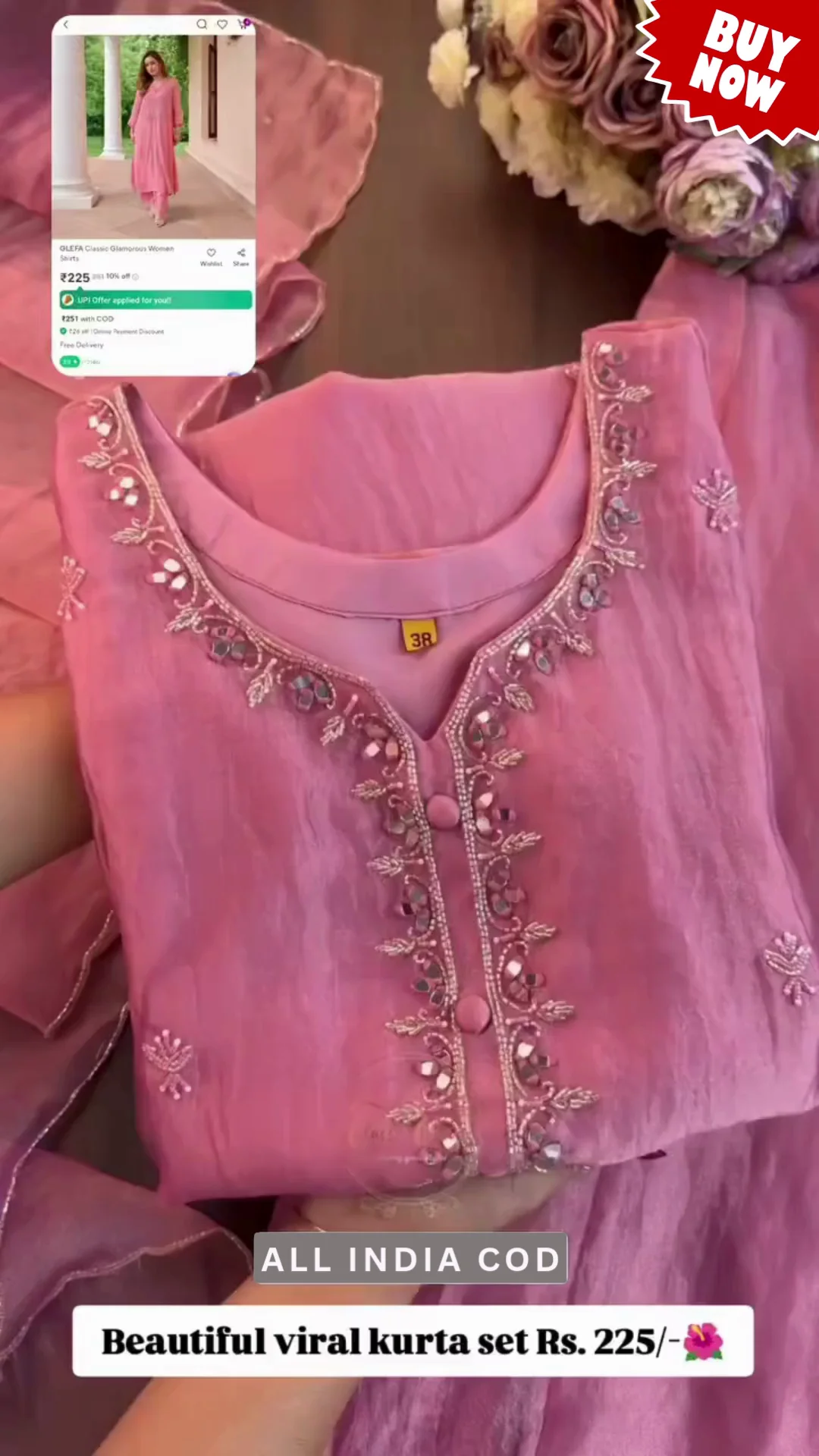 Elegant Pink Organza Kurta Set with Mirror Work