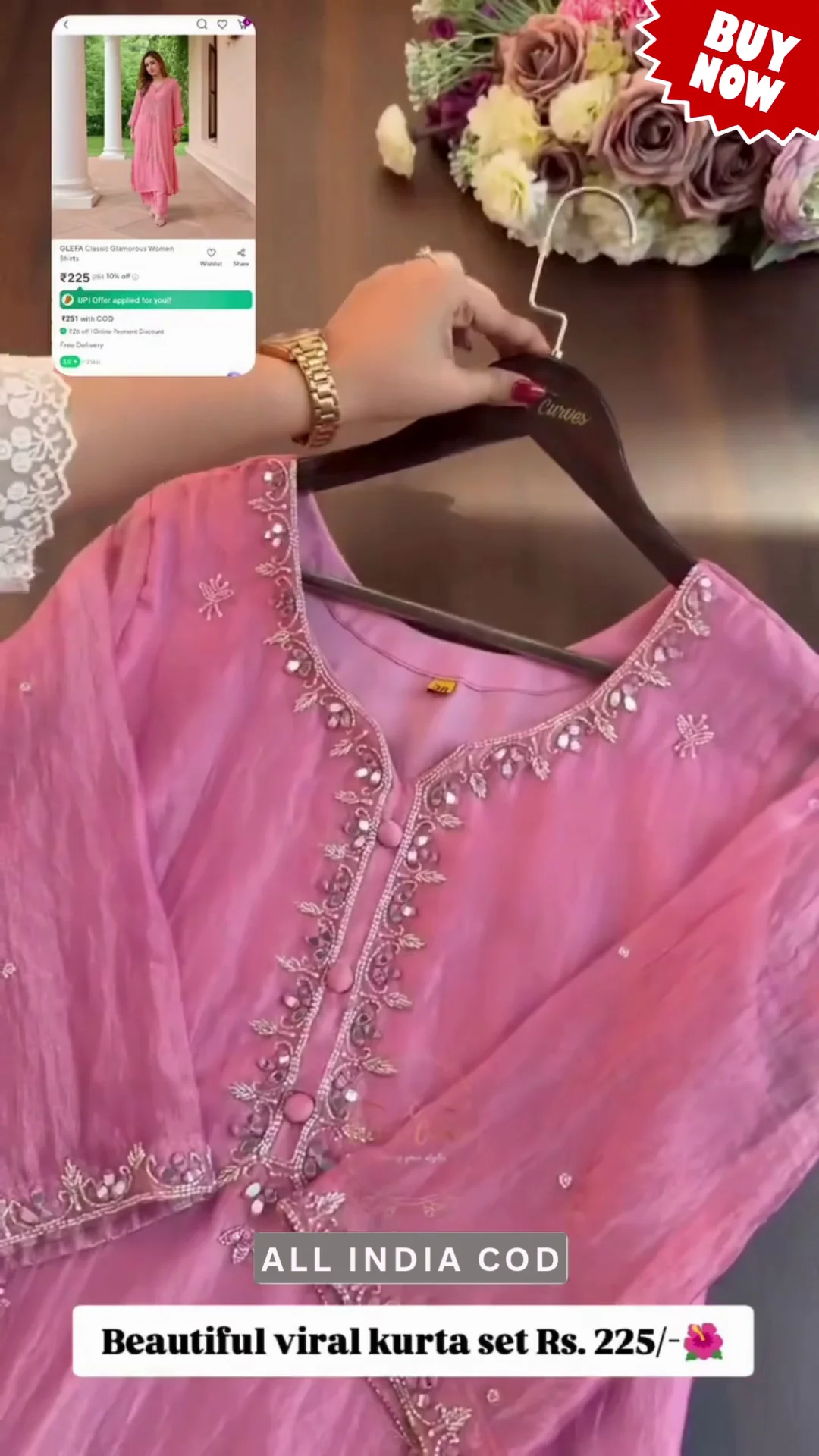 Elegant Pink Organza Kurta Set with Mirror Work - Image 2
