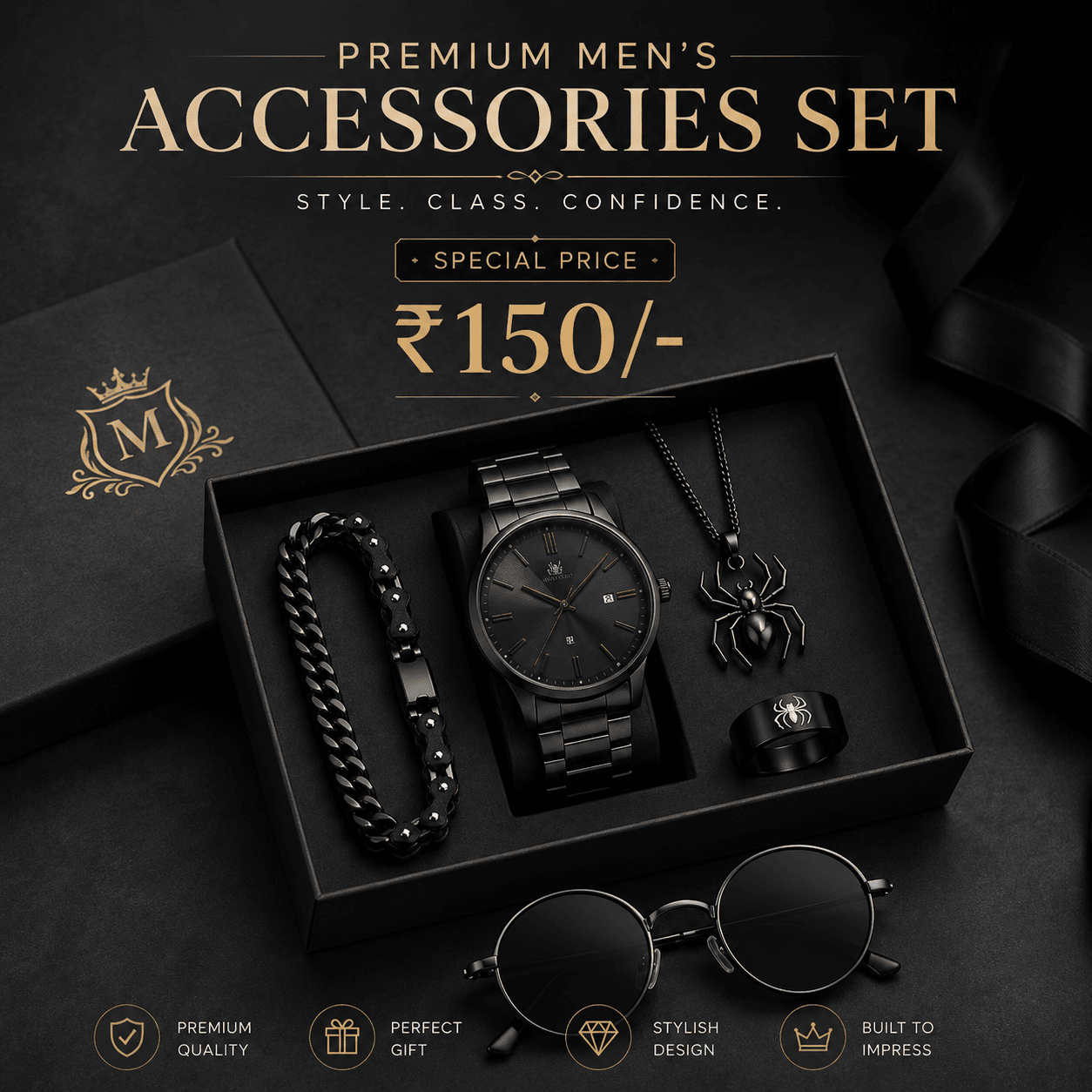 Premium Men’s Accessories Gift Set ₹150 – Luxury-Inspired Watch, Bracelet, Necklace, Ring & Sunglasses